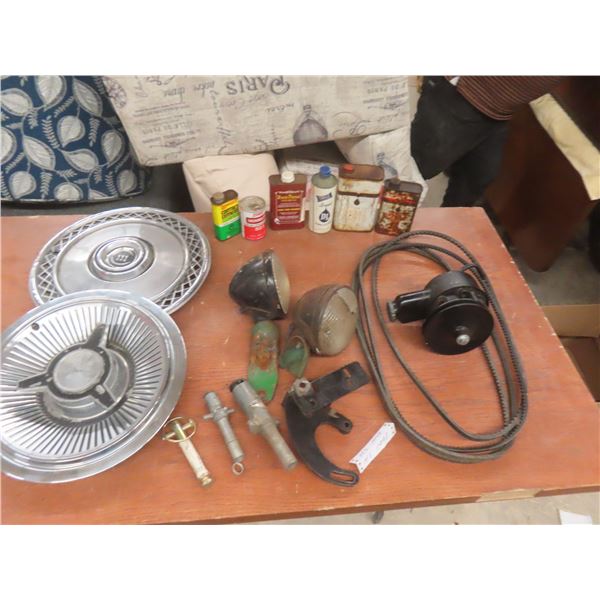 Assorted Lot: Six Various Cans, Trailer Plug, Two Fender-Mount Headlights, GM Power Steering Pump