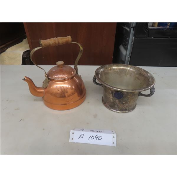Copper Kettle; Silver-Plated Two-Handle Bowl; and Glass Carboy