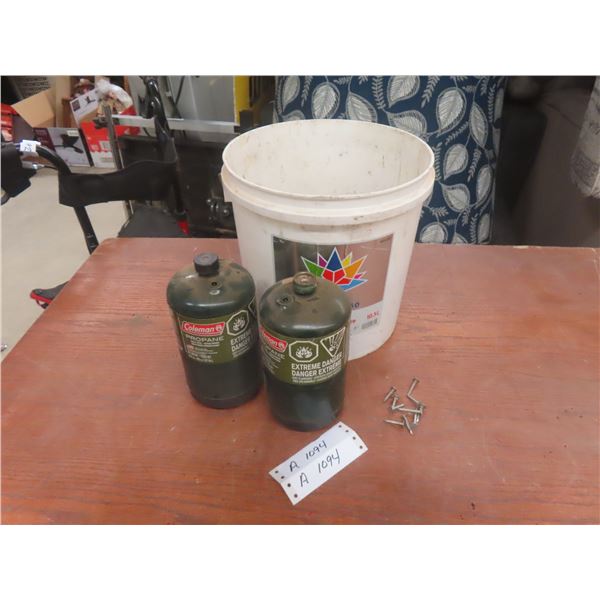 Two 16.4-oz Propane Bottles and a Bucket of 1 1/4" Shingle Nails