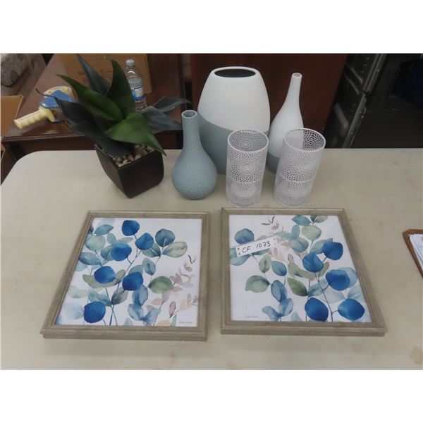 Assorted Room Décor: Vases, Two 13" X 13" Pictures, and Two Battery-Operated Lamps
