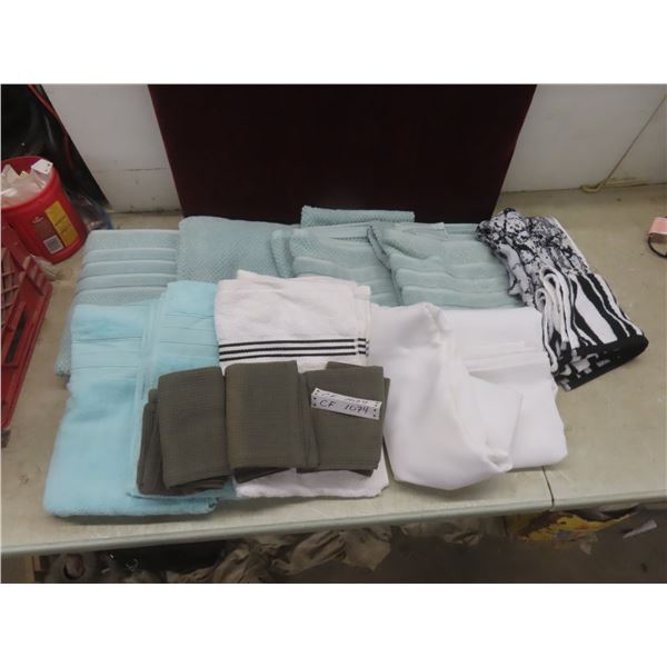 Bath and Kitchen Linens: Bath Towels, Tea Towels, and a Curtain Panel