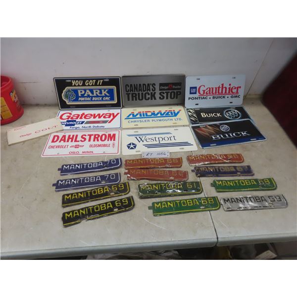 Collection: 9 Fantasy Plates, 12 Vintage Manitoba License Plate Year Tabs, and a 1973 Dodge Colt