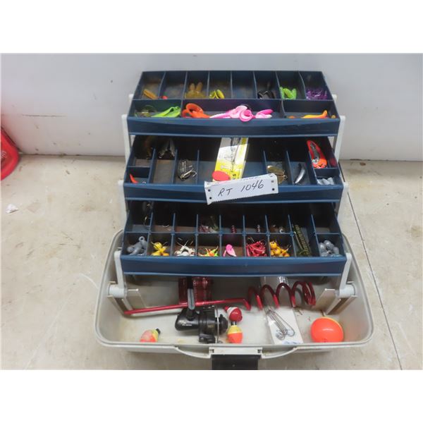 Fishing Tackle Box with Lures, Reel, and Hooks, and More