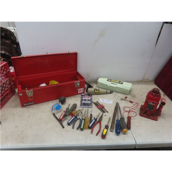 Metal Toolbox with Cordless Power Grinder; Hydraulic 12 Ton Bottle Jack; Screwdrivers;