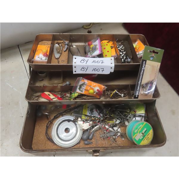Metal Tackle Box with Assorted Fishing Tackle—Lures, Weights, Line, Hooks, and More.