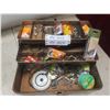 Metal Tackle Box with Assorted Fishing Tackle—Lures, Weights, Line, Hooks, and More.