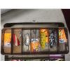 Image 2 : Metal Tackle Box with Assorted Fishing Tackle—Lures, Weights, Line, Hooks, and More.