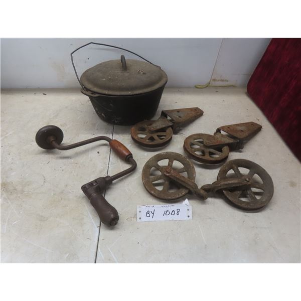 Vintage Cast-Iron Pot with Lid; Pulleys; and Manual Hand Drill.