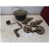 Vintage Cast-Iron Pot with Lid; Pulleys; and Manual Hand Drill.