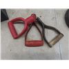 Image 10 : Shop Lot—Metal Toolbox; Hydraulic Jack; Shovel Handles; Ratchet Straps; and 6" T-Pipe, and More.