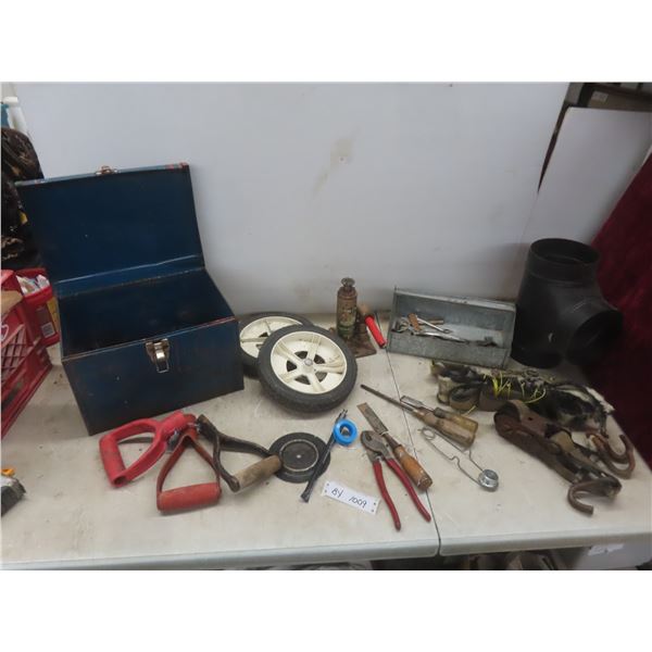 Shop Lot—Metal Toolbox; Hydraulic Jack; Shovel Handles; Ratchet Straps; and 6" T-Pipe, and More.