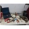 Image 1 : Shop Lot—Metal Toolbox; Hydraulic Jack; Shovel Handles; Ratchet Straps; and 6" T-Pipe, and More.