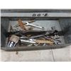 Image 9 : Shop Lot—Metal Toolbox; Hydraulic Jack; Shovel Handles; Ratchet Straps; and 6" T-Pipe, and More.