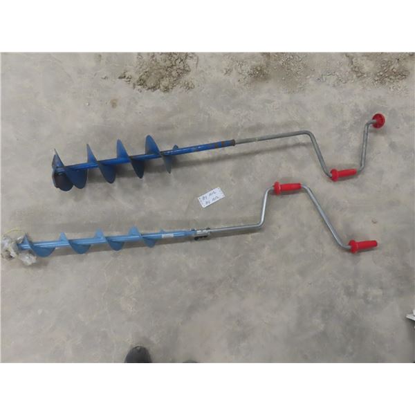 Two Manual Ice Augers (One Missing Cutting Blade), Logging Hook and Broom.