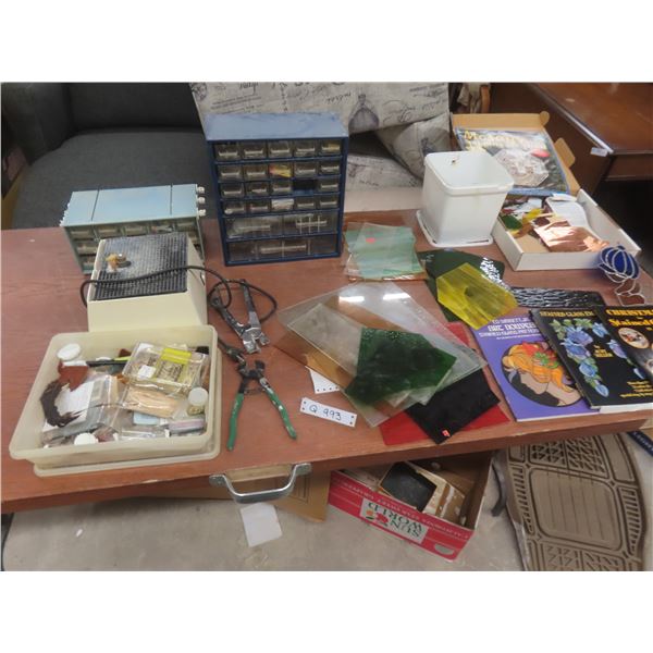 Two Organizers with Supplies; Books; Coloured Glass; Tools; Grinder; and More.