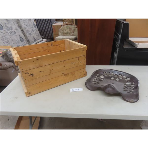 Cast Tractor Seat with Wood Crate, Approx. 12  X 24  X 16 .