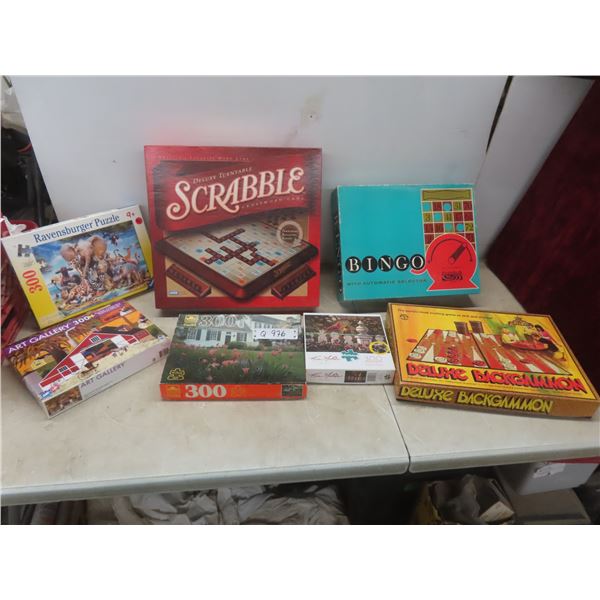 Board Games Lot—Scrabble, Bingo, Backgammon—and Four Jigsaw Puzzles.