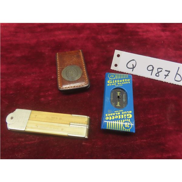 St. Charles Lucky Club Money Clip, Ruler and Gillette Blue Blades