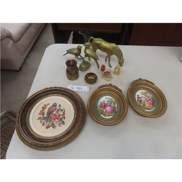 Petit Point Picture, 2 Antique Style Oval Pictures and Brass Pieces and More