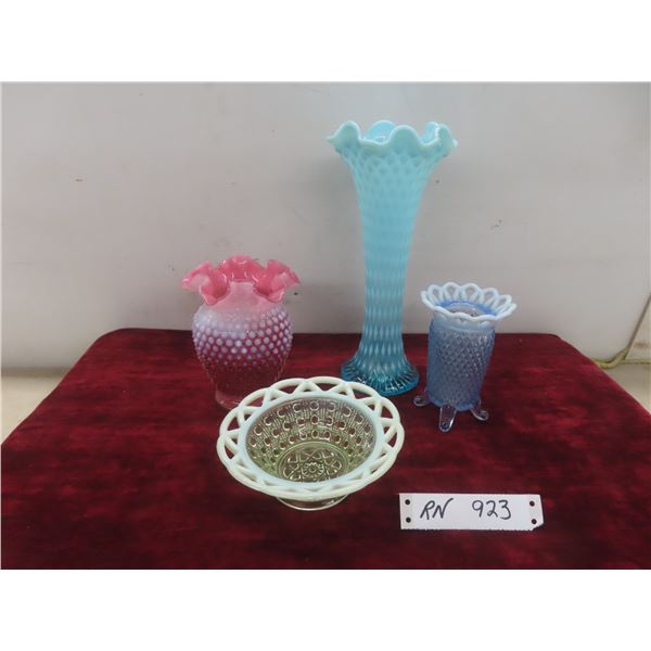 Northwood Blue Opalescent Diamond Point Vase; Fenton Cranberry Ruffled Vase; Imperial ‘Katy Blue’