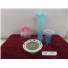 Northwood Blue Opalescent Diamond Point Vase; Fenton Cranberry Ruffled Vase; Imperial ‘Katy Blue’