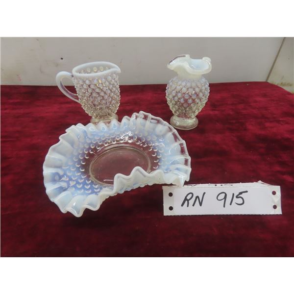 Vintage Fenton Hobnail Opalescent Ruffled Bowl, Moonstone Creamer and Footed Bud Vase