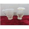 Image 5 : Vintage Fenton Hobnail Opalescent Ruffled Bowl, Moonstone Creamer and Footed Bud Vase