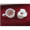 Image 6 : Vintage Fenton Hobnail Opalescent Ruffled Bowl, Moonstone Creamer and Footed Bud Vase