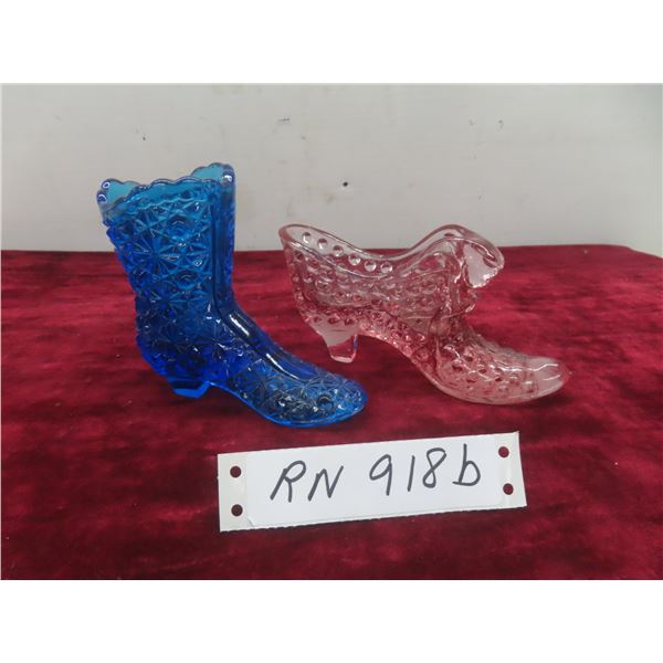 Vintage Fenton Cobalt Blue Daisy and Button Shoe Boot + Pink Rose Art Glass Hobnail Cat Head