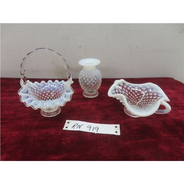 3 Pieces Vintage Fenton Glass, Hobnail Opalescent Basket, Bud Vase and Candy Dish