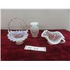 3 Pieces Vintage Fenton Glass, Hobnail Opalescent Basket, Bud Vase and Candy Dish