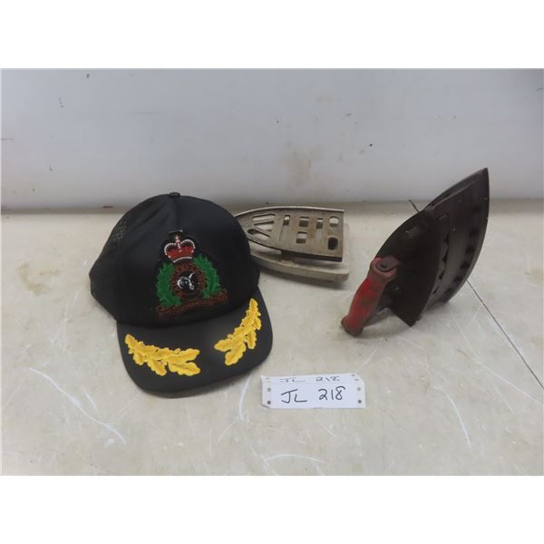 Antique Coal-Fueled Iron with Trivet and RCMP Goat Ball Cap