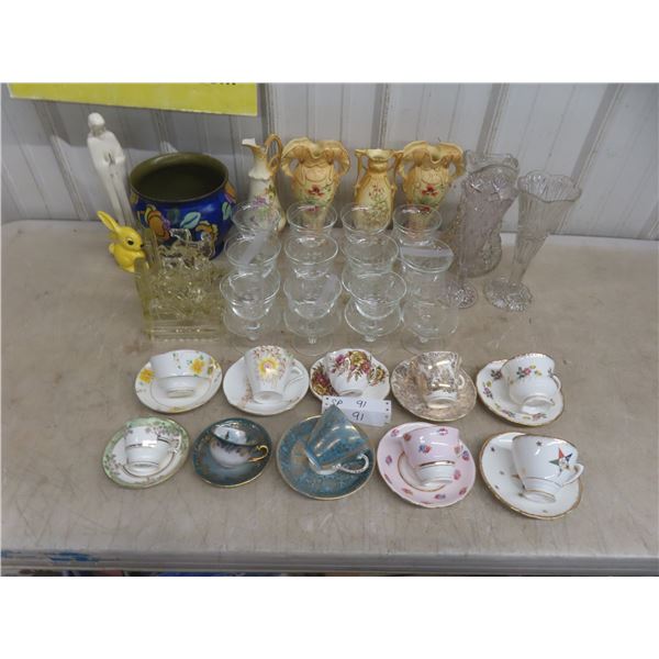 China Teacups (Burleigh, Colclough, Grafton, Others); Glass Bookends, Vases, Pitcher; Twelve Vintag