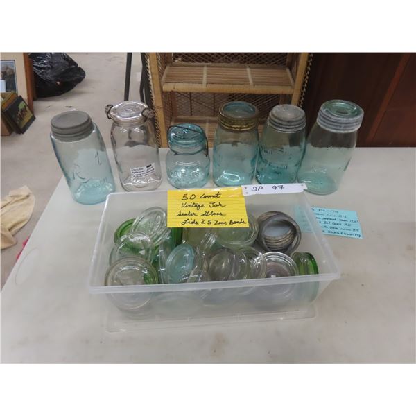 Fifty Vintage Fruit Jar Lids and Six Antique Fruit Jars (Circa 1915–1920) Good Condition