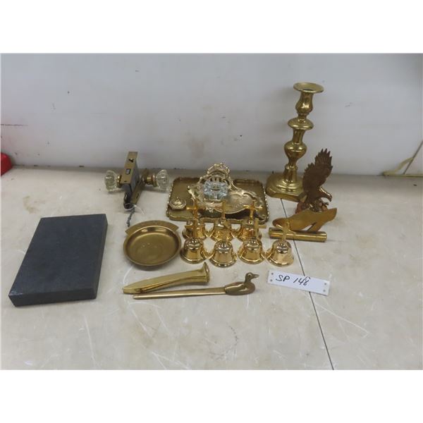 Brass Items: Candlestick, Tray, Eagle, Change Tray, Bells, and More