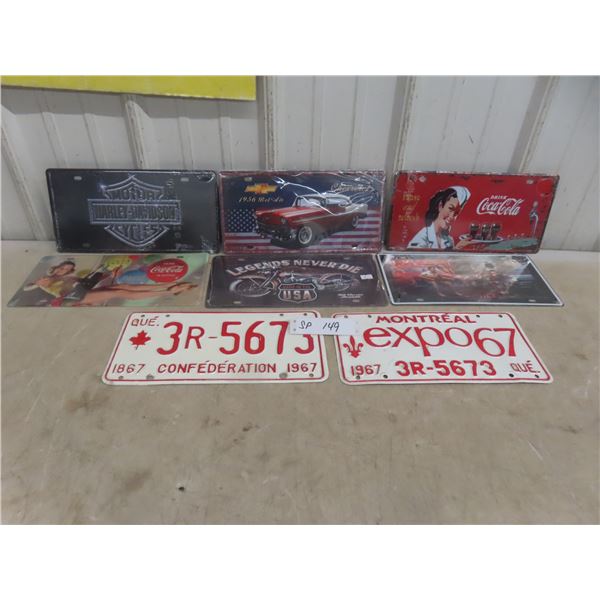 Two Quebec 1967 License Plates and Six Novelty Plates