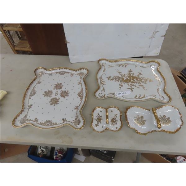 Vintage France Porcelain Serving Pieces: Two Large Trays and Two Divided Serving Trays