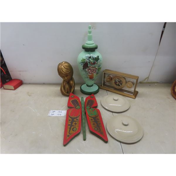 Porcelain Vase with Cap; Praying Child Figure; Barometer; Temp/Humidity Instrument; Wooden Butterfl