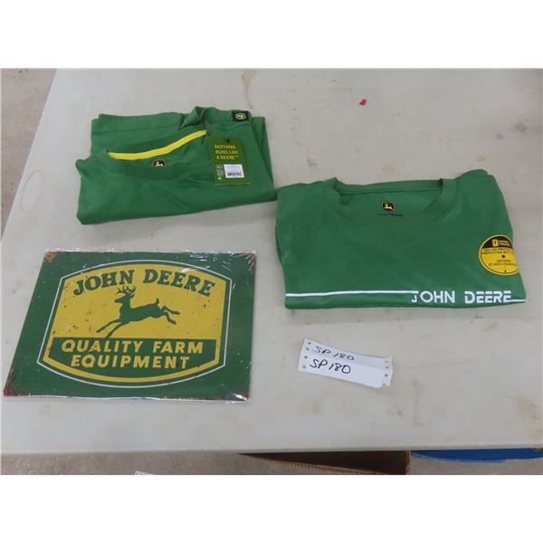 John Deere 8" x 12" Metal Sign and Two Medium T-Shirts