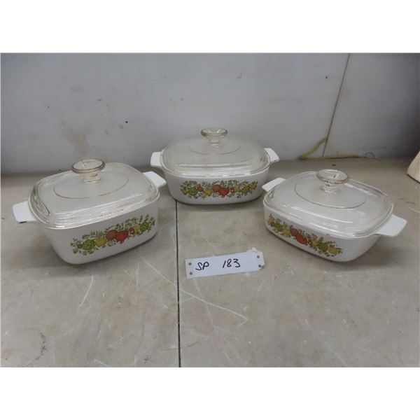 Three CorningWare Casserole Dishes with Lids