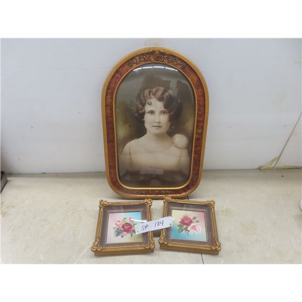 Vintage 18" x 12" Convex Picture Frame and Two 6" x 6" Flower Pictures