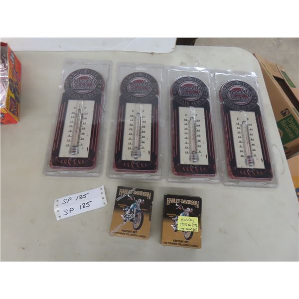 Four New Motorcycle Thermometers and Two Packs Harley-Davidson Collector Cards (1903–1992)