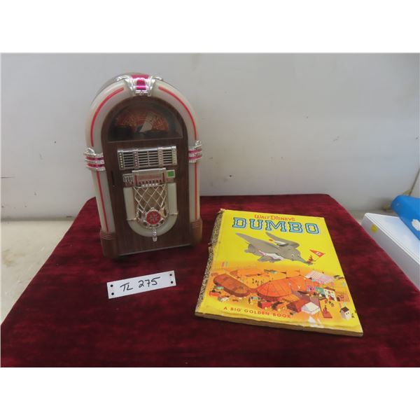 Jukebox-Style Radio Cassette Player (Not Working) and Disney Dumbo Hardcover Book (Rough Condition)