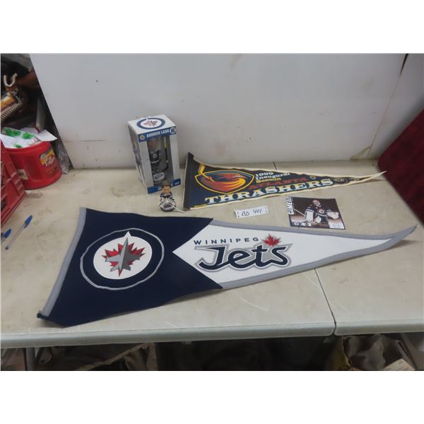 Winnipeg Jets Lot Including Connor Hellebuyck Bobblehead and Program, Large Felt Pennant, Andrew