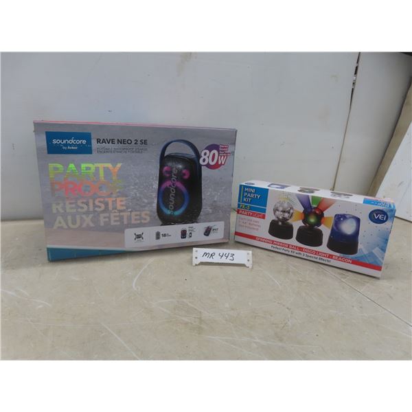 New 80-Watt Waterproof Party-Proof Speaker and Three-Pack Party Lights