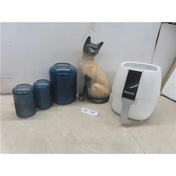 Starfrit Air Fryer, Ceramic Cat, 16" Tall, and Three Vases
