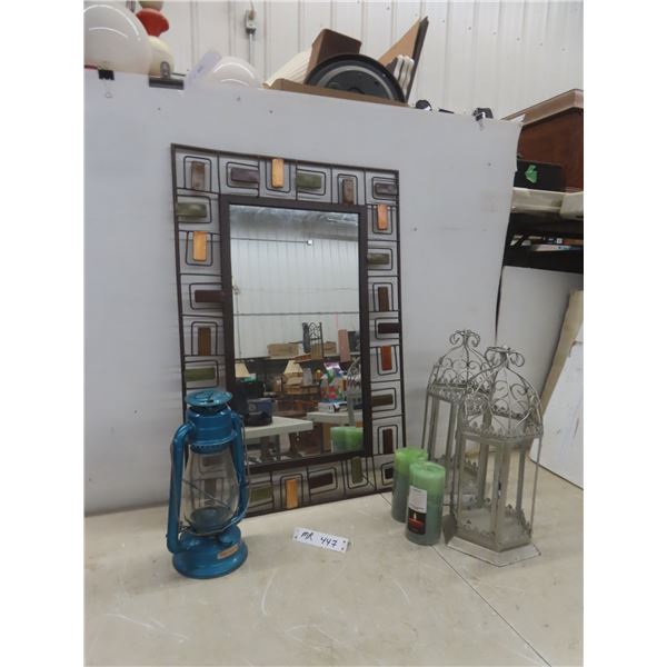 Decorative Metal Framed Mirror (29" × 20"), Two Lanterns, Candlestick, and Kmart Coal-Oil Lamp