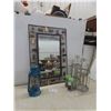 Image 1 : Decorative Metal Framed Mirror (29" × 20"), Two Lanterns, Candlestick, and Kmart Coal-Oil Lamp