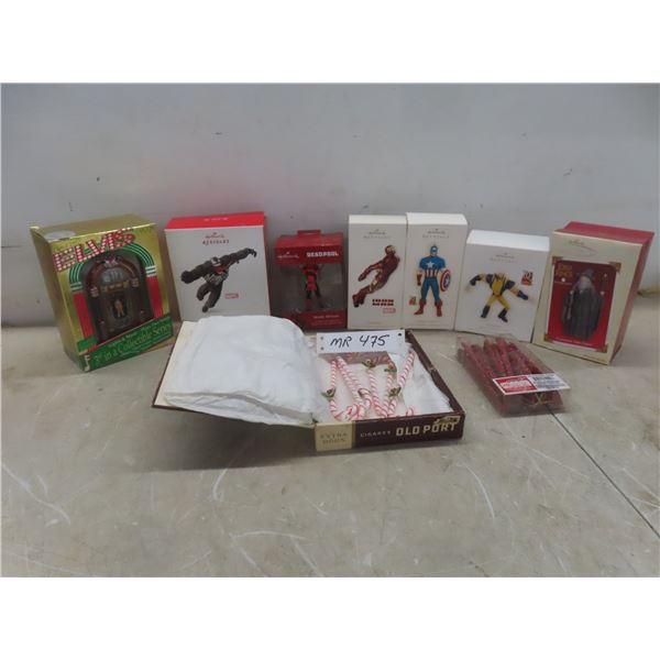 Seven Christmas Ornaments (Elvis and Six Hallmark) and More
