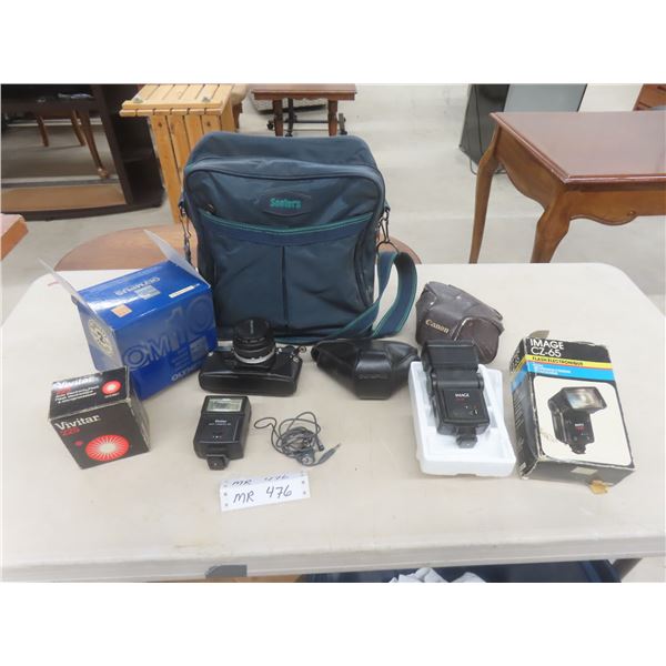 Olympus Camera, Vivitar Flashes, Carry Bag, and More